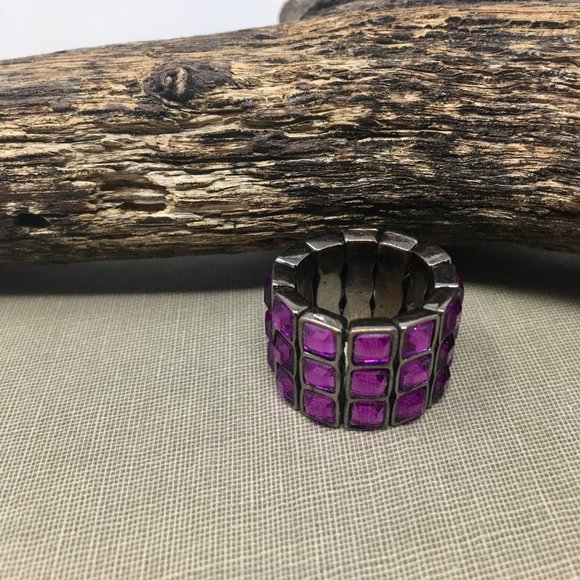 Expandable Purple Faceted Acrylic Tiny Square Pewter Tone Bar Wide Stretch Ring - Picture 11 of 16